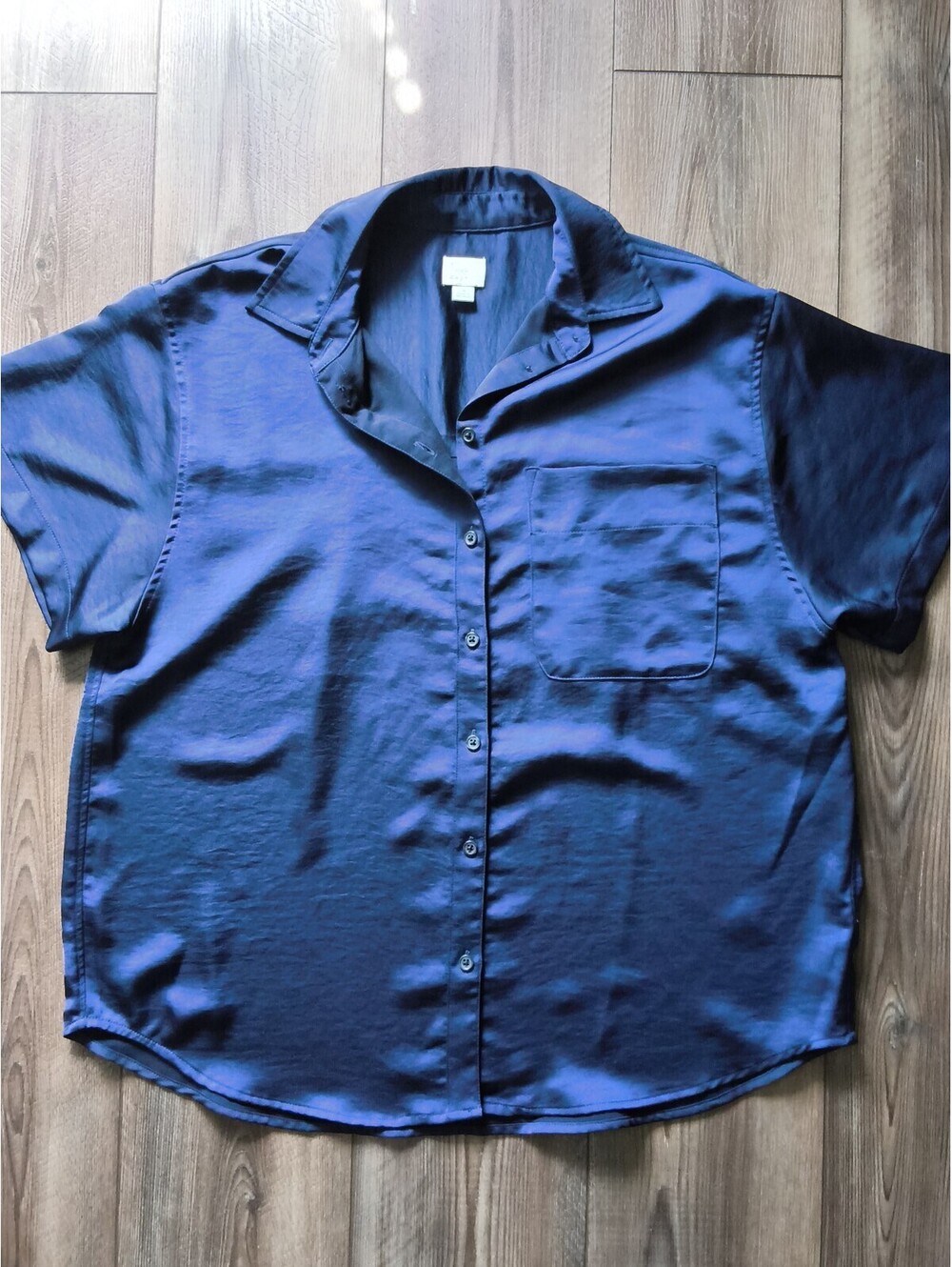 New Day Silky Sheen Navy Blue Oversized Button-Up Shirt Size Small